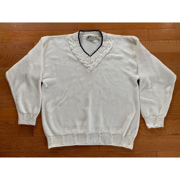 Eddie Bauer Other - Vintage Eddie Bauer  100% Cotton VNeck Pullover Sweater Mens Large L Cream HEAVY